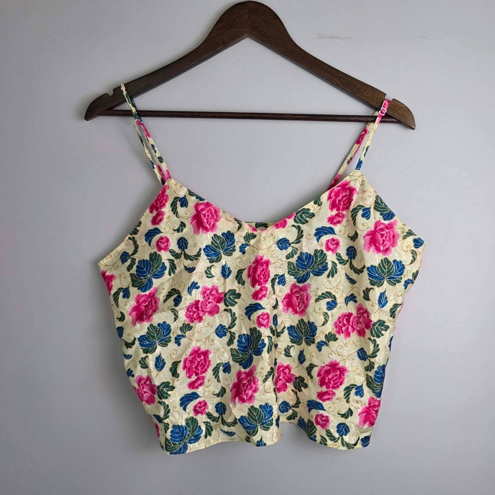 Vtg Victoria's Secret Floral Jacquard Cami Top Pink Rose Cream Gold Label Large